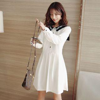 Long-sleeve Collared Pleated Midi Dress