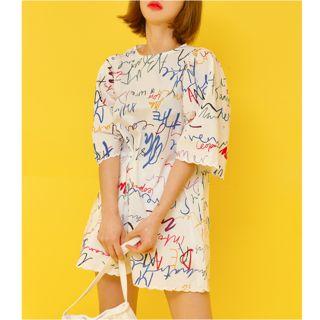 Short-sleeve Printed Mini T-shirt Dress Ivory White - One Size