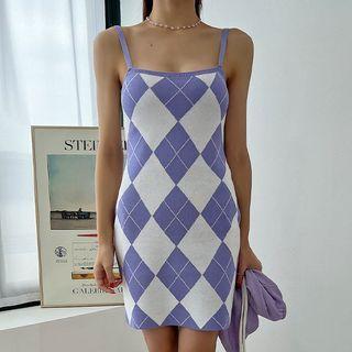 Spaghetti-strap Argyle Knit Minidress
