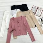 Plain Single-breasted Slim-fit Long-sleeve Knit Top