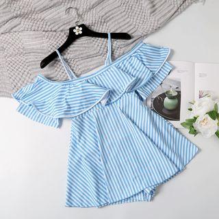 Short-sleeve Cold Shoulder Ruffled Striped Swimdress