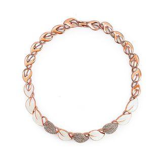 Simple Plated Rose Golden Leaf Necklace With White Austrian Element Crystals