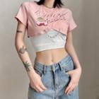 Set: Short-sleeve Print Cropped T-shirt + Strapless Crop Top