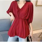 V-neck Plain Blouse Red - One Size
