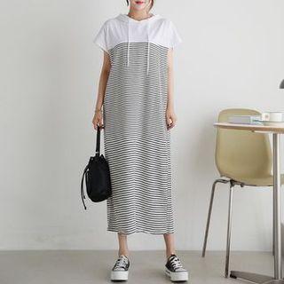 Cap-sleeve Stripe Maxi Hoodie Dress