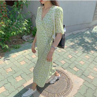 Floral Short-sleeve A-line Midi Dress Green - One Size