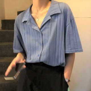 Notch Lapel Striped Elbow-sleeve Blouse