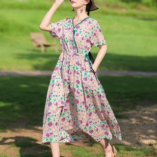 Short-sleeve Floral Drawstring Midi A-line Dress