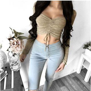 Plain Drawstring Cropped Long Sleeve Top