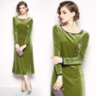 Long-sleeve Velvet Shift Midi Dress