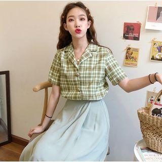 Elbow-sleeve Plaid Shirt / A-line Midi Skirt