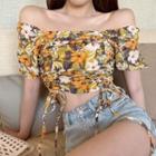Off-shoulder Floral Print Drawstring Cropped Top As Shown In Figure - One Size