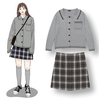 Contrast Trim Cardigan / Plaid Straight-fit Skirt