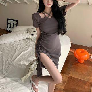 Drawstring-side Slited Mini Dress