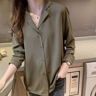 Long-sleeve Notch Lapel Plain Loose Fit Blouse