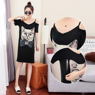 Short-sleeve Cutout-shoulder Nursery Printed Dress