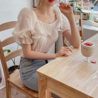 Puff Sleeve Square Neck Ruffled Ruched Chiffon Blouse