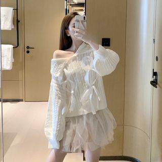 Tie-accent Knit Sweater / Mesh Mini Skirt