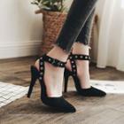 Pointy Toe Studded Ankle Strap Pumps