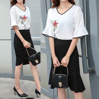 Set: Floral Embroidered Bell-sleeve Chiffon Blouse + Ruffle Hem Midi Skirt