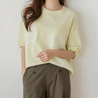Drawcord-cuff Linen-panel T-shirt