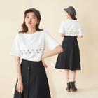 Set: Number Print Short Sleeve T-shirt + Buttoned A-line Skirt