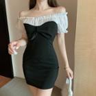 Short-sleeve Off-shoulder Two-tone Mini Sheath Dress