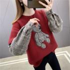 Bear Embroidered Plaid Panel Sweater