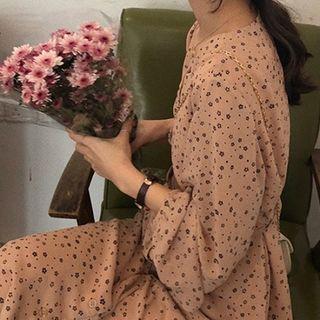 Floral V-neck Lace-up Long-sleeve Chiffon Dress Orange Pink - One Size