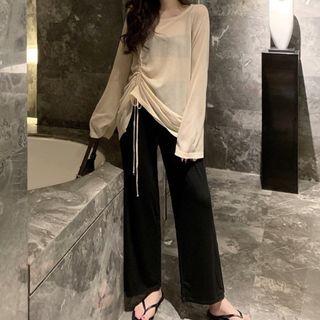 Long-sleeve Drawstring T-shirt / Split Wide Leg Pants