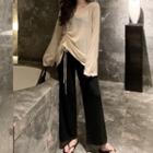 Long-sleeve Drawstring T-shirt / Split Wide Leg Pants