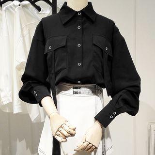 Long-sleeve Plain Loose-fit Blouse Black - One Size