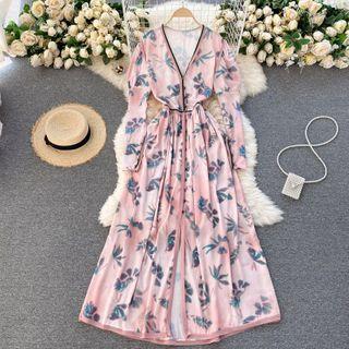 Long-sleeve V-neck Floral Midi A-line Dress Pink - One Size