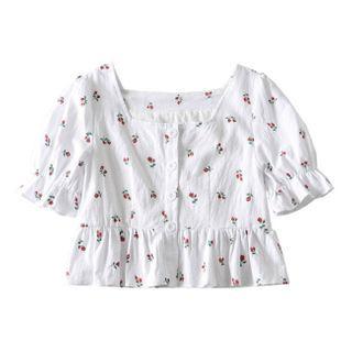 Cherry Print Elbow-sleeve Cropped Blouse