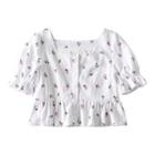 Cherry Print Elbow-sleeve Cropped Blouse