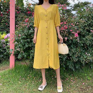 Plain V-neck Single-breasted Puff-sleeve Dress Yellow - One Size