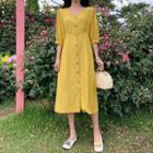 Plain V-neck Single-breasted Puff-sleeve Dress Yellow - One Size