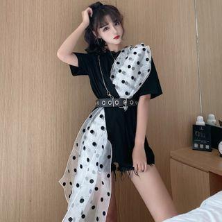 Dotted Mesh Trim Elbow-sleeve T-shirt / Belt