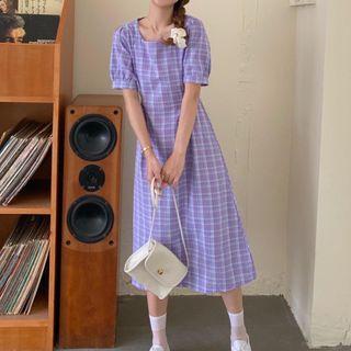 Short-sleeve Plaid A-line Midi Dress / Camisole Top