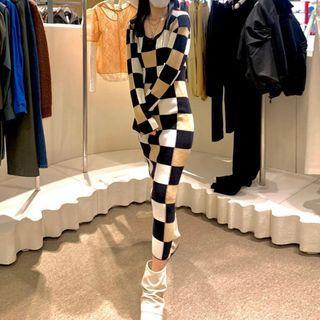 Chessboard Plaid Pointelle-knit Dress