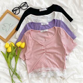 Short-sleeve Plain Lace Trim Cropped Top