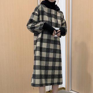 Plaid Hooded Long-sleeve Midi Dress As Shown In Figure - One Size