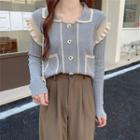 Two-tone Lapel Ruffle Knit Cardigan