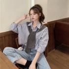 3/4-sleeve Mock Two-piece Striped Shirt