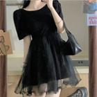 Short-sleeve Mesh Panel Mini A-line Dress Black - One Size