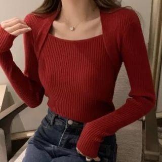 Mock Two Piece Long-sleeve U-neck Slim Fit Knit Top
