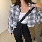 Long-sleeve Plaid Shirt / Slit-hem Boot-cut Jeans