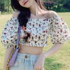 Puff-sleeve Off-shoulder Floral Print Crop Top White - One Size