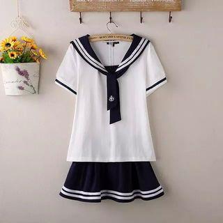 Sailor Collar Elbow-sleeve Top / Mini Skort / Set
