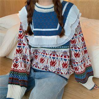 Print Ruffled Sweater Almond & Blue & Red - One Size